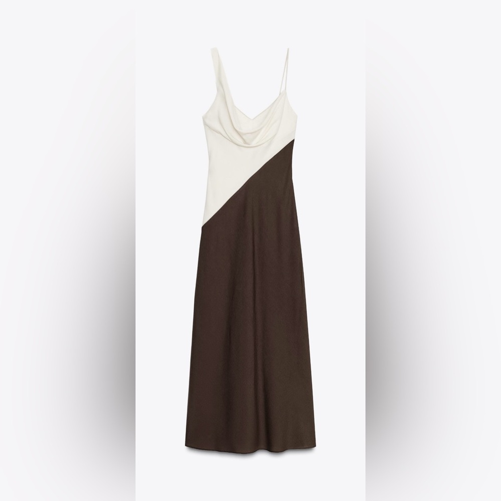 Zara Two-Tone Asymmetrical Slip Dress in Cream and Brown - Picture 9 of 11